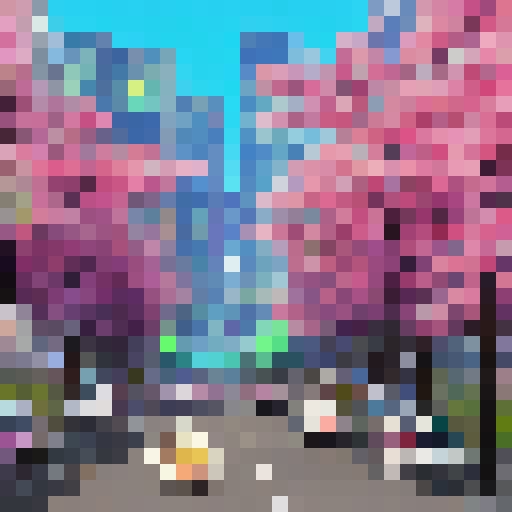 Chibi boy with oversized head, rosy cheeks, and big eyes holding a steaming bowl of ramen in a bustling, neon-lit Tokyo street corner with towering skyscrapers and cherry blossom trees in full bloom, all rendered in vibrant anime style.