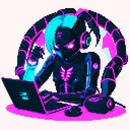 cute cyberpunk scorpion with human head, human head is from anime inspired character with short pink hair, expressive eyes, and a mouth mask, scorpion is playing computer games, tables with coca cola, scorpion's tail should be fully in the picture, yellow and cyan and light blue light