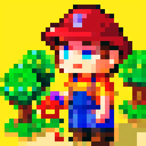 Stardew valley farmer tending to vibrant, pixelated crops under the warm, sRGB sun
