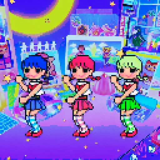 kawaii cheerleaders with pigtail hair, vibrant neon colors against a pixel art, sRGB background, surrounded by a galaxy in the sky and a meat-inspired landscape