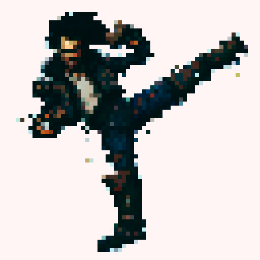 Spiky-haired punk thug, clad in gray denim jacket, blue pants, and brown boots, fiercely grunting while executing a high kick with guard up, depicted in a gritty, urban retro pixel art style.