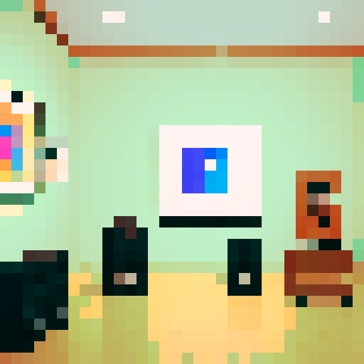 a cozy art gallery with several paintings in view. a few small music notes notes are coming from a small sound system speaker barely visible in the corner