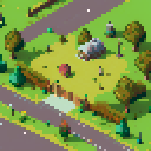 JRPG style town with buildings, road, grass and paved walking paths