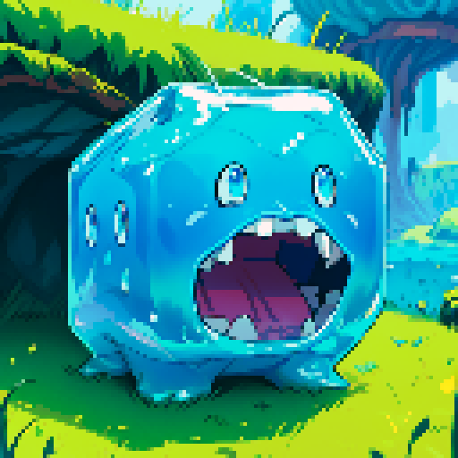 Blue Slime cube, Gelatinous cube, giant Slime, boss fight, grasslands