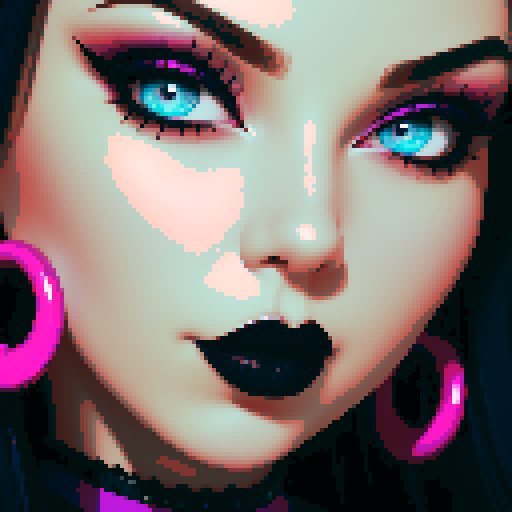 curvy, busty goth girl, face portrait, close up, glamour shot, vivid colors, pixel art, sRGB