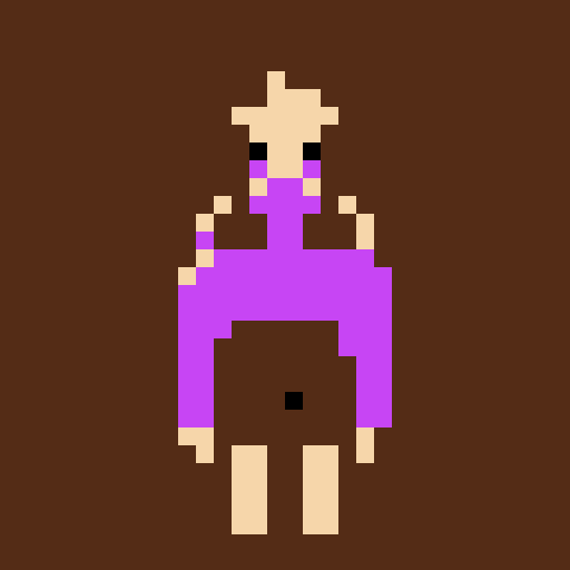 girl with long brown hair and brown eyes, wearing an oversized purple sweater and black shorts, depicted in pixel art with vibrant sRGB colors