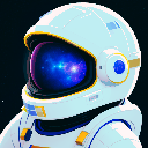 space traveler in vibrant pixel art white spacesuit, with a helmet showcasing a reflective visor, surrounded by swirling galaxies, twinkling stars, and celestial wonders, all rendered in space colorful palette.
