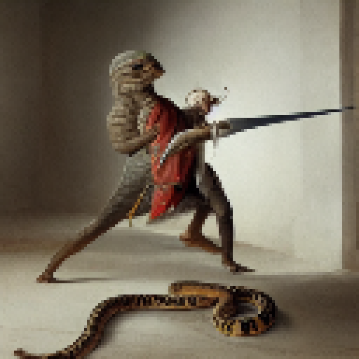 A warrior strikes a snake with it's sword in a cellar