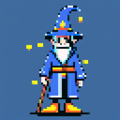 Create a pixel art character of a whimsical wizard . The wizard should wear a blue robe covered with yellow stars and a matching pointy hat. He should have a playful grin
