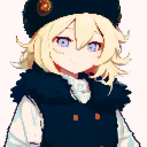 Solo male with perfect anatomy, straight-on, inframe, facing viewer, with round pupils, light blonde hair between eyes, wearing an ushanka hat with a black fur collar, a black vest, puffy sleeves, and black elbow gloves, his round eyes and pink eyes looking at the viewer, smile, in a pixel art style with sRGB colors, half closed eyes, best quality 