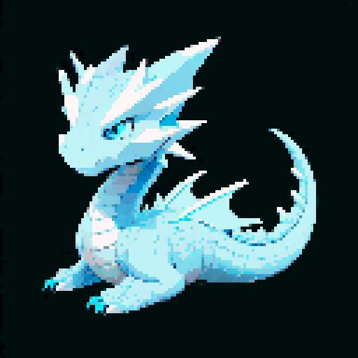 A dragon with icy blue scales and frost-covered wings. It has a cold, piercing gaze and an icy breath that can freeze anything in its path. Its body emits a chilling aura, and it has a stern, formidable expression. No background.
