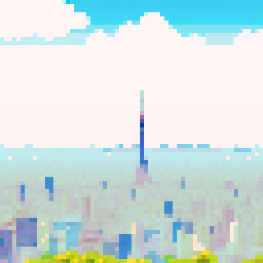 Vibrant, bustling Tokyo skyline at daytime depicted in charming anime style with intricate pixel art details.