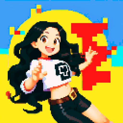 cute female, luscious wavy black long hair, brown eyes, bright smile, fair skinned, cheerful disposition, pixel art, sRGB, vibrant background, playful expressions, dynamic poses, animated gestures