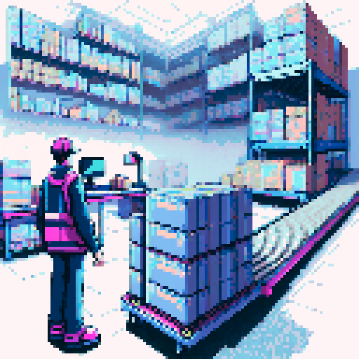 warehouse workstation with a conveyor belt and trolley filled with boxes, pixelated details, vibrant sRGB colors