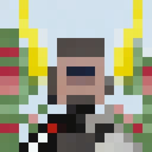 Pixelated self-portrait featuring a quirky, bespectacled character with a bushy mustache, wearing a vibrant Hawaiian shirt and holding a giant slice of watermelon.