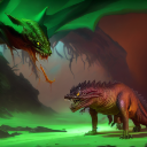 A fearsome Chupacabron with scaly, gray-green skin, sharp fangs, and bloodstained claws lurks in the shadows, ready to pounce on its next victim; its glowing red eyes and hot, fetid breath make it a terrifying predator in the realm of Fantasy RPG.