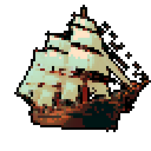 British frigate circa 1800 with a dark oak wooden hull, 14 gun ports, cream-white canvas sails on three tall masts Golden-brown stern carvings, reddish-copper bottom plating, turquoise Mediterranean waters. Weathered gray ropes and rigging under warm morning light, character portrait, close up, anime style, pixel art.