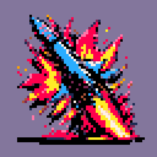 missile wreckage, jagged metal, smoldering flames, pixelated explosion, vibrant colors, sRGB