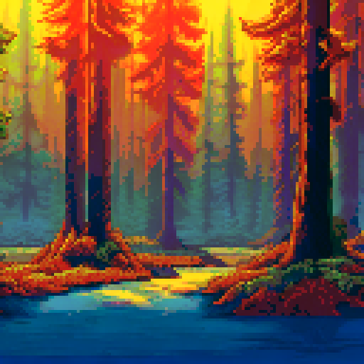 redwood forest in autumn golden hour lighting muted tones