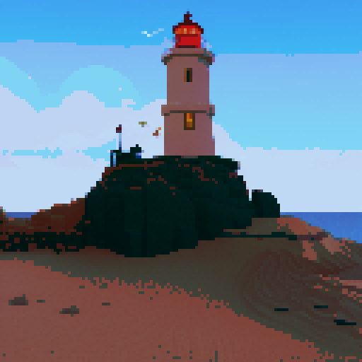 lighthouse with a vibrant red and white striped tower, surrounded by golden sandy beach, crashing waves, seagulls flying in the sky, and a colorful sunset in pixel art style with sRGB color palette