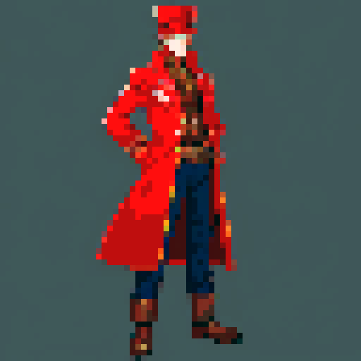steampunk young man, red coat, red hat, 2D game stance, pixel art, sRGB, full body