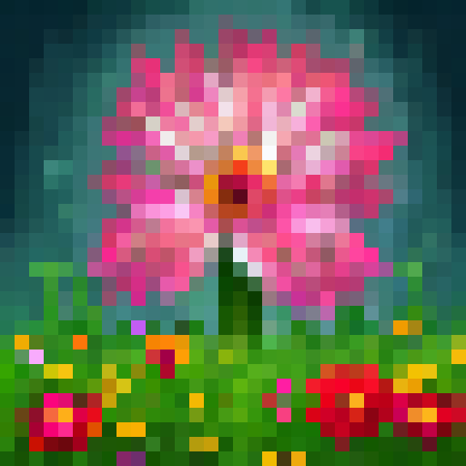Explosive wildflowers bloom in a vivid meadow, surrounded by towering trees and cascading waterfalls, all rendered in a 32x32 skill art style.