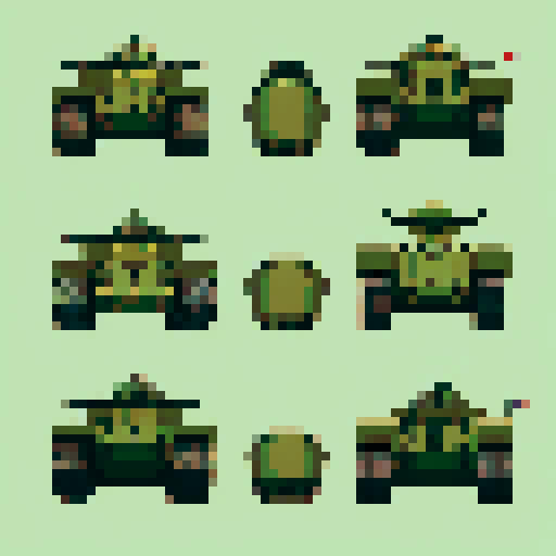 top-down pixel art sprite sheet, World War II army tank, bird's eye view, sleek olive green body, rugged tank treads, rotating turret, menacing barrel, pixel art, sRGB