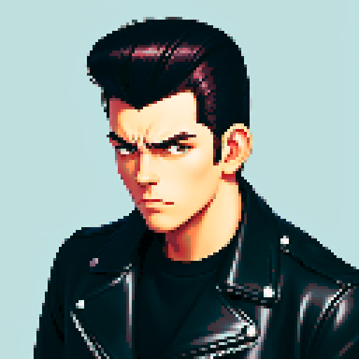 Tough Greaser wearing motorcycle jacket with pompadour hairstyle, srgb colors.