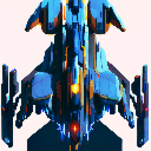 sleek and angular space battleship, glowing blue propulsion engines, futuristic design, metallic hull with rivets, pixelated details, vibrant colors, dynamic composition, long ship body, long desk, mirror place