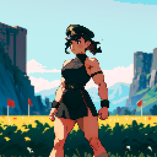 full-body image, muscle girl, female, thick biceps, big shoulders, big fists, muscular physique, thick waist, facing left, ready to fight, exaggerated proportions, black military uniform, black hat, military backdrop, sRGB, pixel art, army behind her, military behind her, army in background