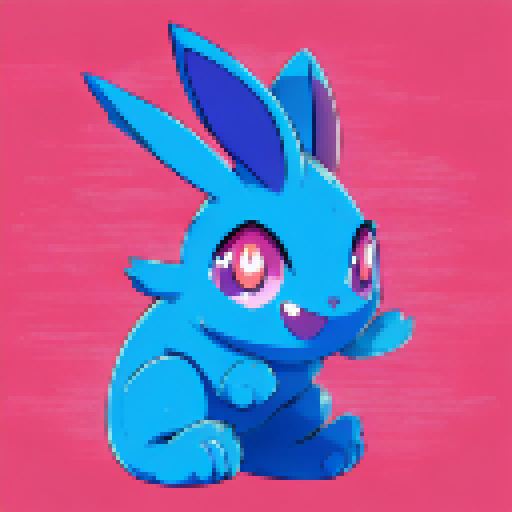 Bunny, big-eyed and kawaii, brandishing a sleek and shiny handgun, set against a vibrant, color-saturated anime background.