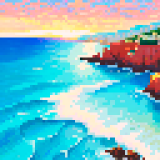 mediterranean waves, vibrant colors, intricate details, pixelated forms, fluid movement, contrasting hues, textured brushstrokes, sRGB palette, coastal scenery