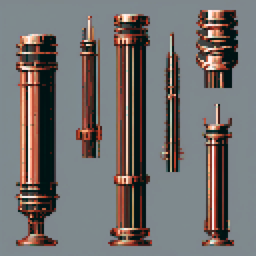 I want a tall vertical copper structure reminiscent of a organ pipe. It should have strange mechanical details that could interlock with each other. I also want this object usable an asset in a videogame, meaning only one object per image, outlined with a strong black stroke, on a solid-color background.