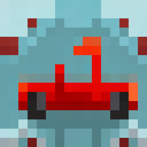 Shiny red car, racing stripes, chrome wheels, headlights glowing, pixelated 16x16 game icon, close up portrait in retro pixel art style.
