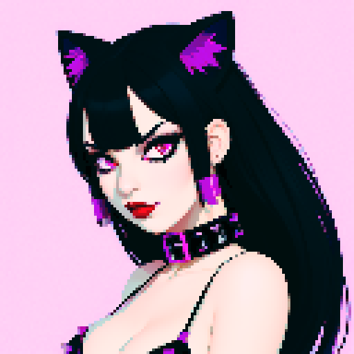 Cat girl, curvy, cute goth woman with black hair, purple eyeshadow, and red lipstick, wearing a bikini, studded collar, portrait, face avatar, in a glamour shot, sRGB color
