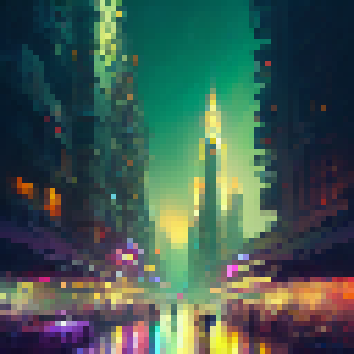 Vibrant, modern, and sleek. A neon-lit cityscape with skyscrapers towering over a bustling street market full of colorful stalls selling everything from fresh produce to high-tech gadgets.
