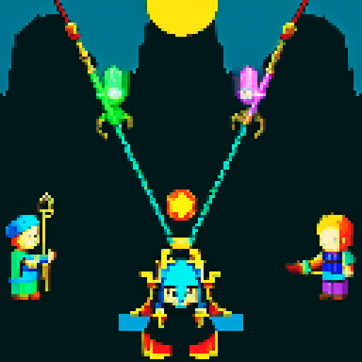 three men, archmage and his apprentices , magic staff, light at the archmage, dark place, king with staff, cant see eyes, eyes darken