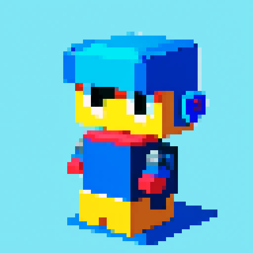 blue, floating robot, pixel art, sRGB