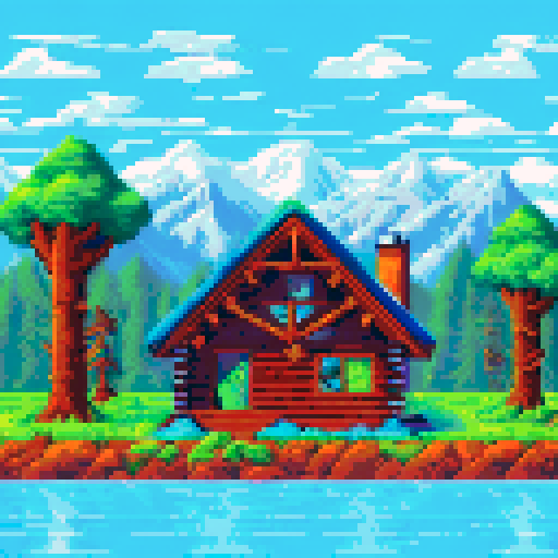 Snow-capped peaks towering over pine forests and frozen lakes, with a cozy cabin nestled in the valley, all rendered in a vibrant, pixelated art style on an sRGB background
