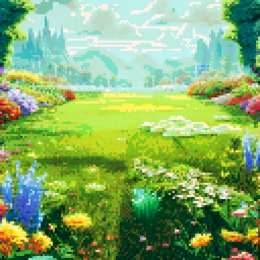 A vibrant, lush flower garden arena with a flat grassy field. Bright blossoms and glowing petals frame the scene, with soft sunlight illuminating the environment.

