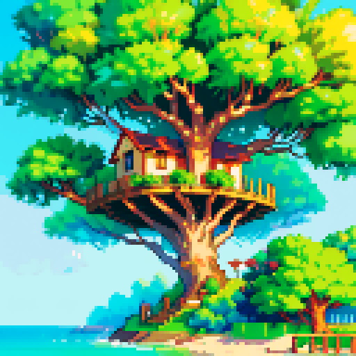 Sunny beach, large tree with tree house, vibrant green vegetation, jewels strewn upon beach, warm, inviting, magical, whimsical, sRGB, pixel art