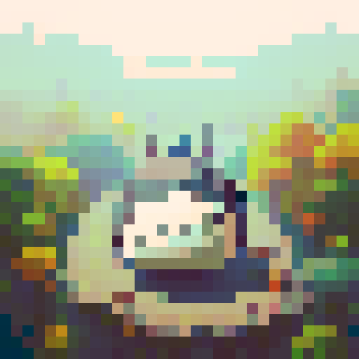 Totoro character, fluffy and chubby, with big round eyes, rendered in vibrant colors, showcasing intricate pixel art details