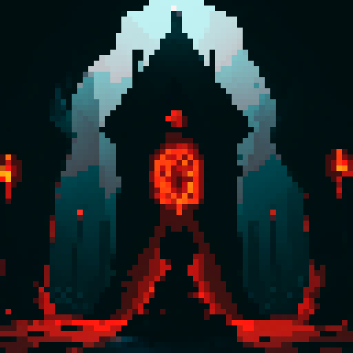 Floor covered in fiery lava, ominous shadows cast by jagged rocks, glowing pentagram symbol, flickering candlelight, towering demon statues, eerie red glow, smoke rising from cracks, ancient runes etched in stone, ethereal wisps of darkness, glowing eyes peering from the dark