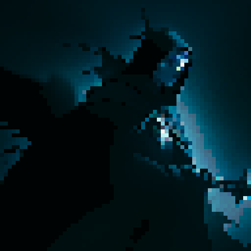 Knight with wings, helmeted, wielding a blasphemous sword, its gray black metal body flowing with viscous liquid and flickering with soul fire, wearing a worn black cloak, depicted in sRGB pixel art style