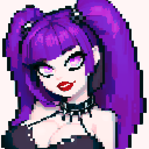 curvy, cute busty goth woman's face, whole head portrait, black hair, purple eyeshadow, red lipstick, low cut black halter top, studded collar, vibrant sRGB colors, edgy aesthetic. Mischievous look.