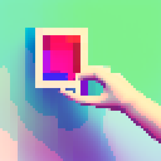 White hand reaching out of a blocky pixelated screen, grasping a vibrant digital flower.