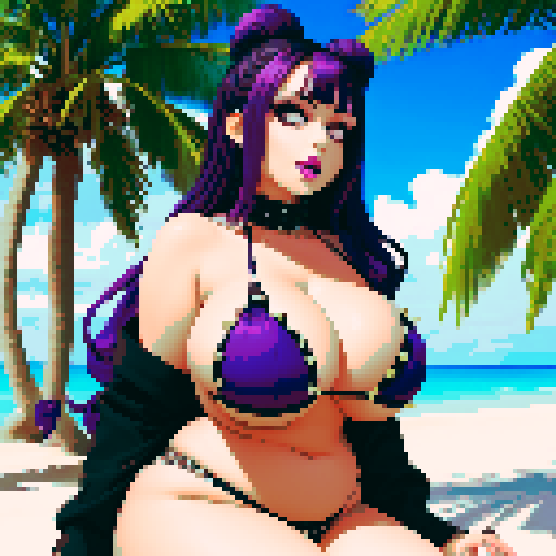 Thicc, curvy, seductive busty goth babe with studded collar, long purple hair in buns, wearing bikini. aroused nude big titty goth sunning at the beach. Palm trees, sRGB