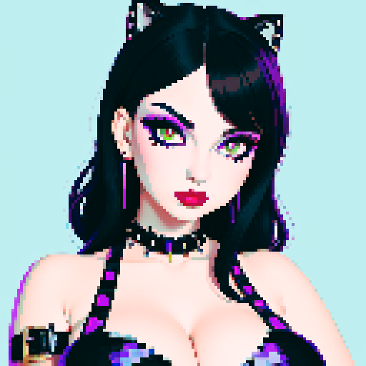curvy, cute goth cat girl face, black hair, purple eyeshadow, red lipstick, studded leather, face portrait, glamour shot, vibrant sRGB colors, pixel art