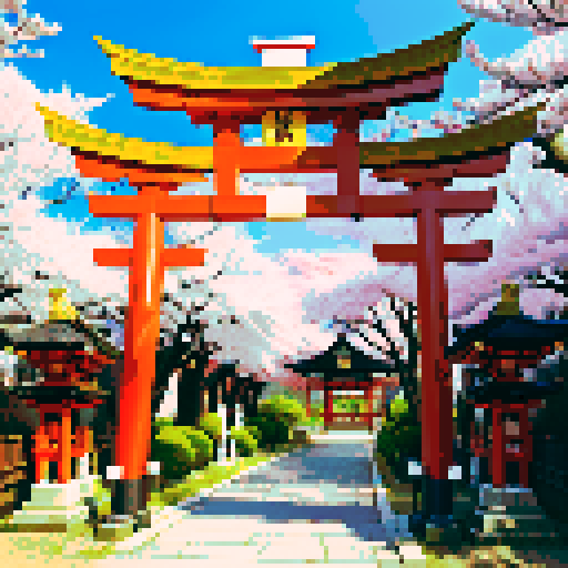 shiny onyx shinto shrine, vibrant cherry blossom trees, traditional architecture with intricate details, shinto torii gate adorned with shiny onyx decorations, a pixel art shiny onyx cuboid positioned behind the gate, shiny onyx lanterns illuminating the scene in sRGB colors