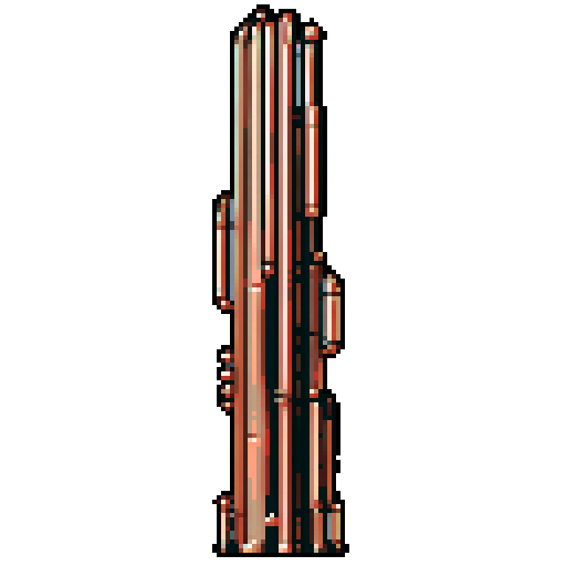 I want a tall vertical copper structure reminiscent of a organ pipe. It should have strange mechanical details that could interlock with each other. I also want this object usable an asset in a videogame, meaning only one object per image, outlined with a strong black stroke, on a solid-color background.